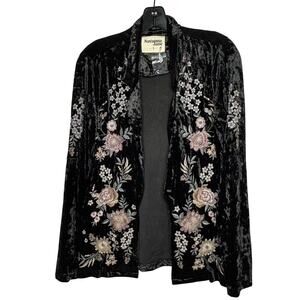 Savanna Jane Crushed Black Velvet Embroidered Floral Open Front Jacket New